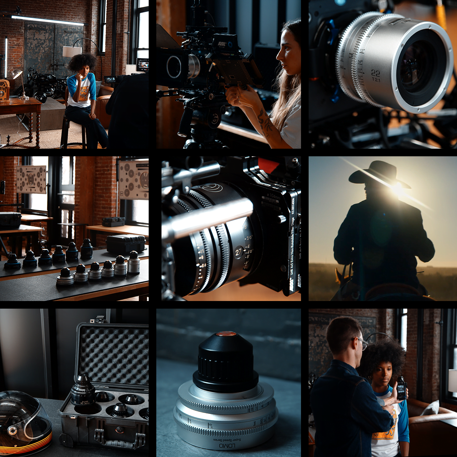 Grid of photos relating to cameras, lenses, and production. 